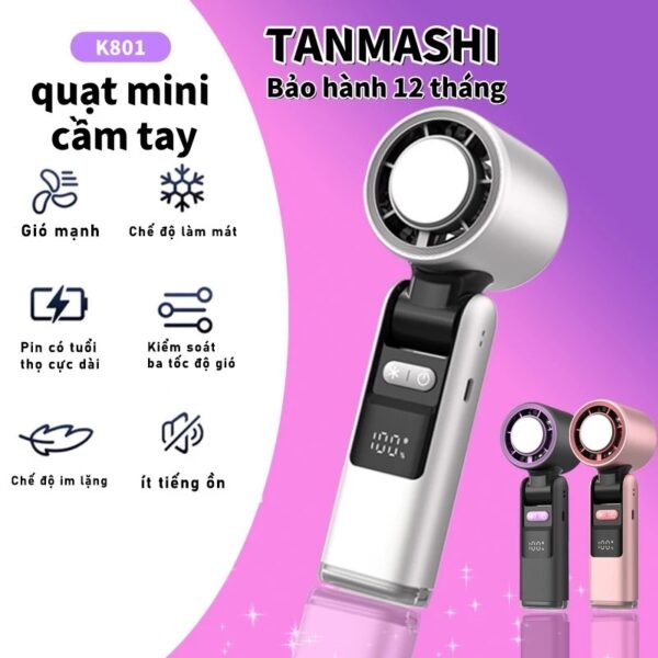 Quạt Cầm Tay Mini K801 - Công Suất Mạnh, Pin 4000mAh, Đèn Pin Tiện Dụng