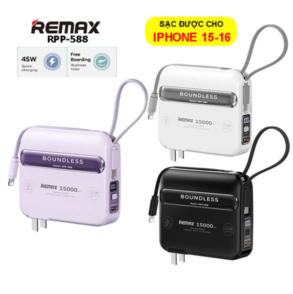Pin Sạc Dự Phòng Remax RPP-588 15.000mAh – Sạc Nhanh PD45W, Tích Hợp Cáp Sạc